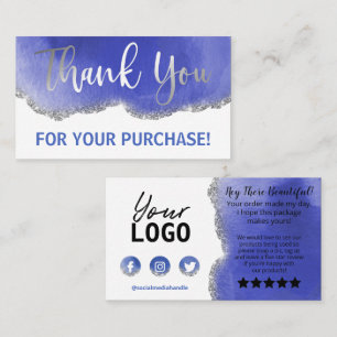 Blue White Silver Glitter Agate Thank You Order Business Card