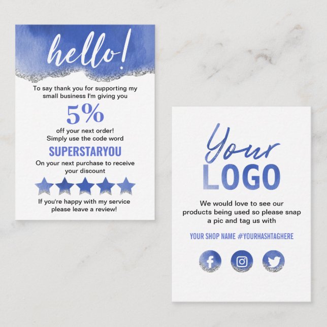 Blue White Silver Glitter Logo Social Media Business Card (Front/Back)