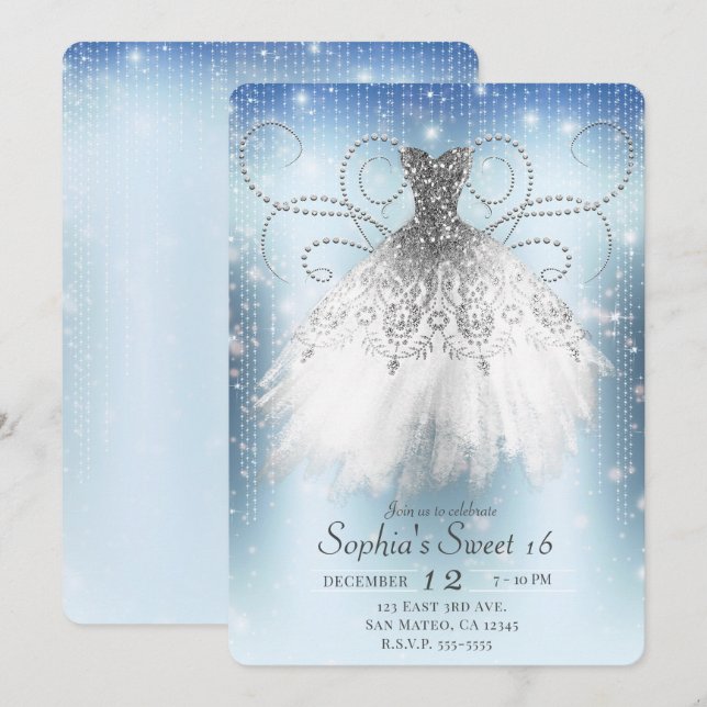 Blue White Silver Princess Dress Sweet 16 Party Invitation (Front/Back)