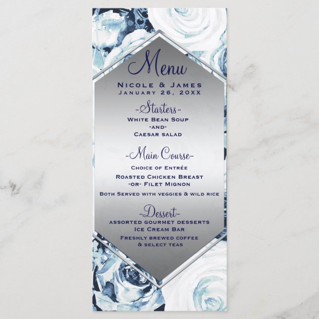 Blue White Silver Winter Wedding Vintage Rose Menu (Front)