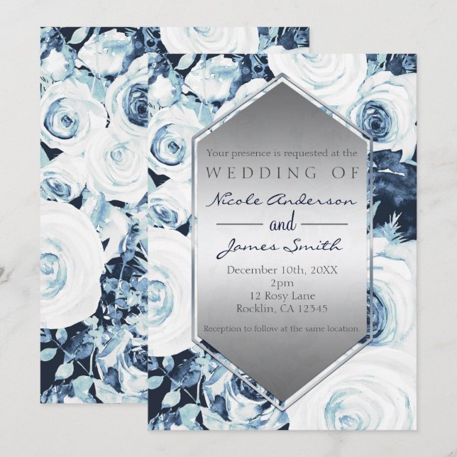 Blue White Silver Winter Wedding Vintage Roses Invitation (Front/Back)