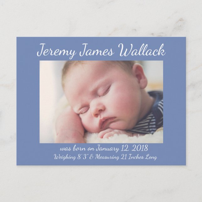 Blue White Simple  Baby Boy Birthday Announcements (Front)