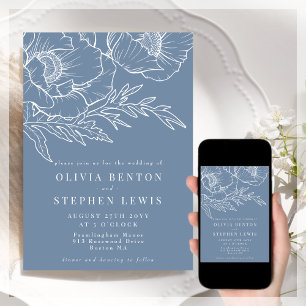  Blue & White   Simple Floral Wedding Invitation
