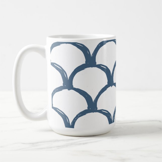 Blue & White Sketch Scallop Pattern & Rainbow  Coffee Mug (Left)