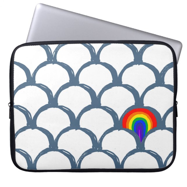 Blue & White Sketch Scallop Pattern & Rainbow  Laptop Sleeve (Front)