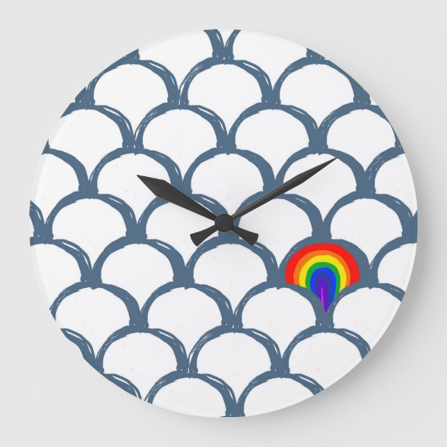 Blue & White Sketch Scallop Pattern & Rainbow  Large Clock (Front)