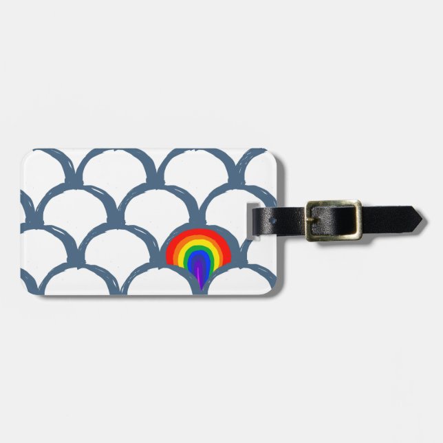 Blue & White Sketch Scallop Pattern & Rainbow  Luggage Tag (Front Horizontal)
