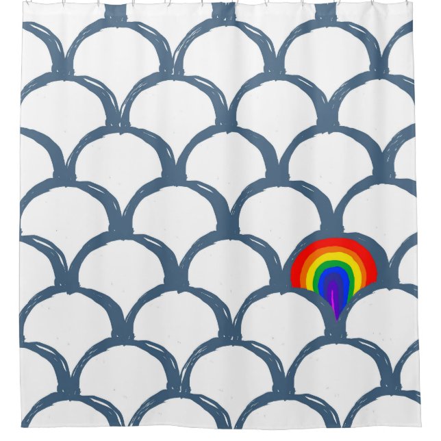 Blue & White Sketch Scallop Pattern & Rainbow  Shower Curtain (Front)