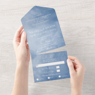 Blue & White Sky Clouds Celestial  Wedding   All In One Invitation