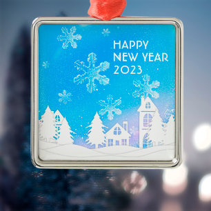 Blue White Snow House Happy New Year 2023 Metal Tree Decoration