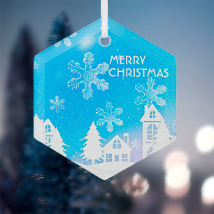 Blue White Snow House Merry Christmas Glass Tree Decoration