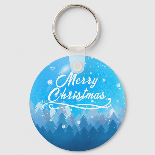 Blue White Snow Peaceful Forest Merry Christmas  Key Ring (Front)