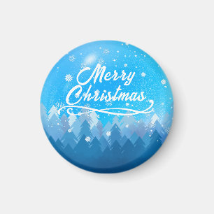 Blue White Snow Peaceful Forest Merry Christmas Magnet