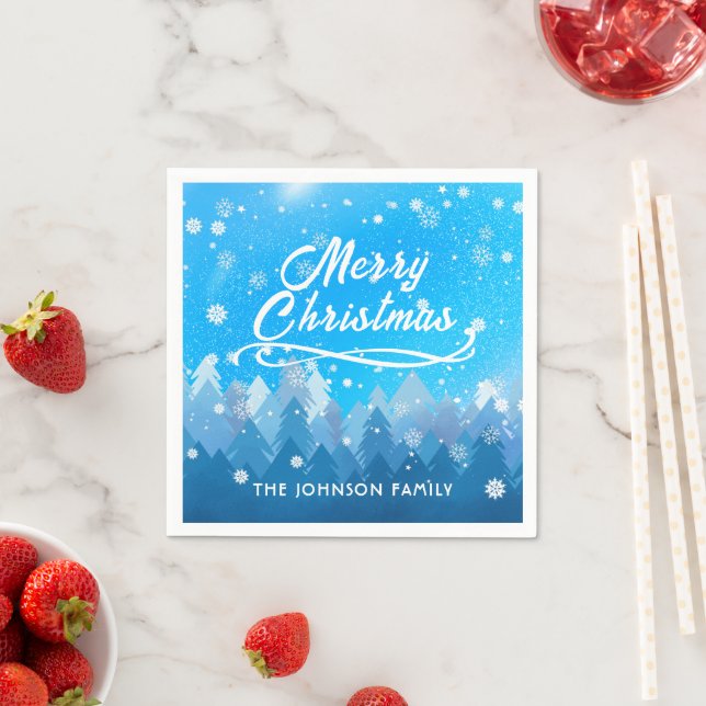 Blue White Snow Peaceful Forest Merry Christmas   Napkin (Insitu)