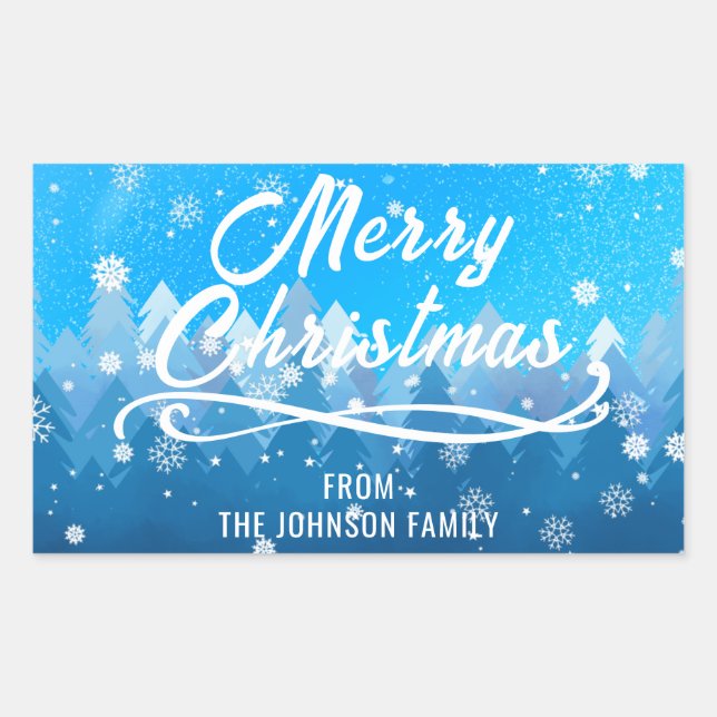 Blue White Snow Peaceful Forest Merry Christmas   Rectangular Sticker (Front)