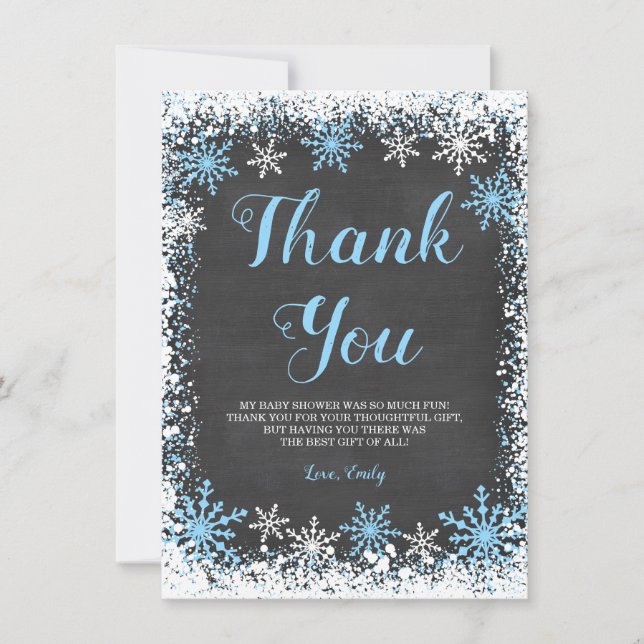 Blue White Snowflake Boy Baby Shower Thank You Card (Front)