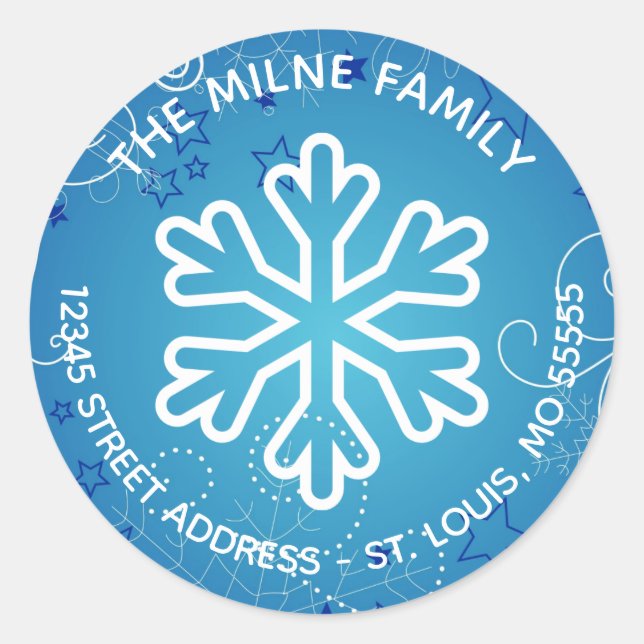 Blue & White Snowflake - Circle Return Address Classic Round Sticker (Front)