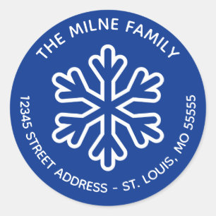 Blue & White Snowflake - Circle Return Address Classic Round Sticker