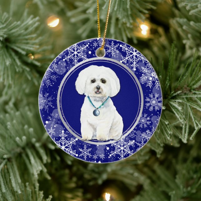 Blue White Snowflake Maltese Dog Christmas Ceramic Tree Decoration (Tree)