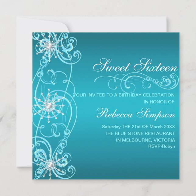 Blue & White Snowflake Sweet 16 Birthday Invite (Front)