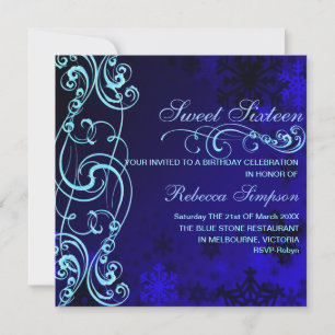 Blue/White Snowflake Swirl Sweet16 Birthday Invite