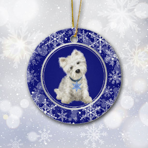 Blue White Snowflake Westie Christmas Ceramic Tree Decoration