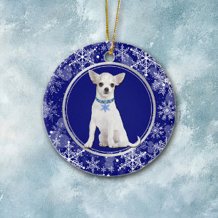 Blue White Snowflake White Chihuahua Ceramic Tree Decoration