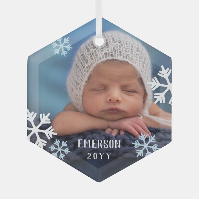 Blue White Snowflakes Baby Photo Add Name & Year Glass Tree Decoration (Front)