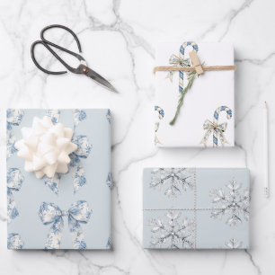 Blue White Snowflakes Bows Candy Canes Christmas Wrapping Paper Sheet
