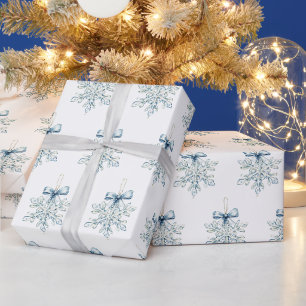 Blue White Snowflakes Bows Christmas Wrapping Paper