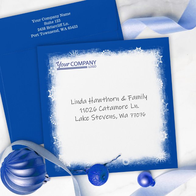 Blue White Snowflakes Company Logo Pre-addressed Envelope (square blue Christmas card envelope, white logo address printed, business employee holiday greetings)