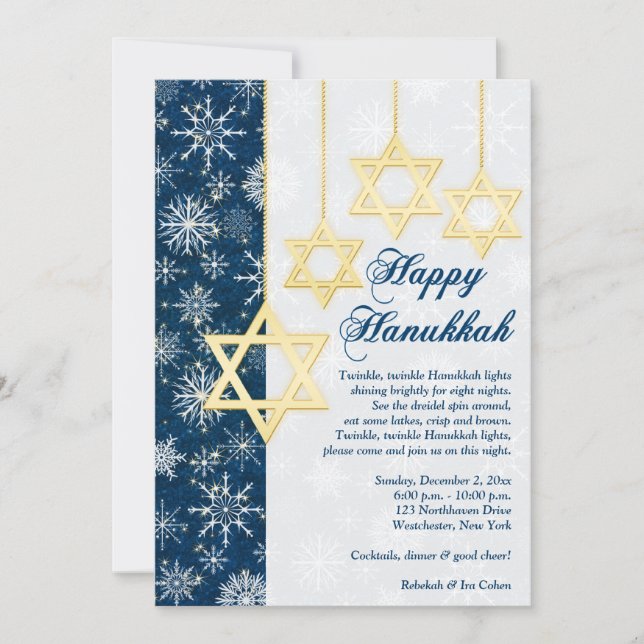 Blue, White Snowflakes Hanukkah Party Invitation (Front)