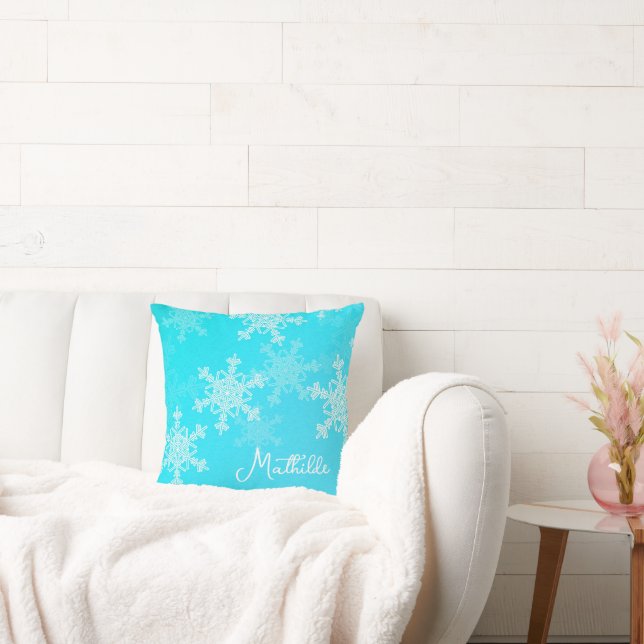 Blue White Snowflakes Minimalist Christmas Name Cushion (Couch)