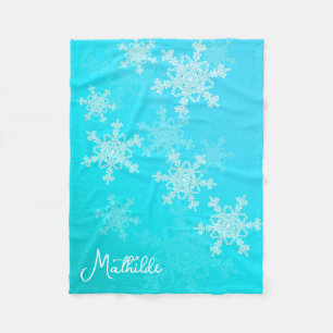 Blue White Snowflakes Minimalist Christmas Name Fleece Blanket