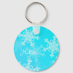 Blue White Snowflakes Minimalist Christmas Name Key Ring