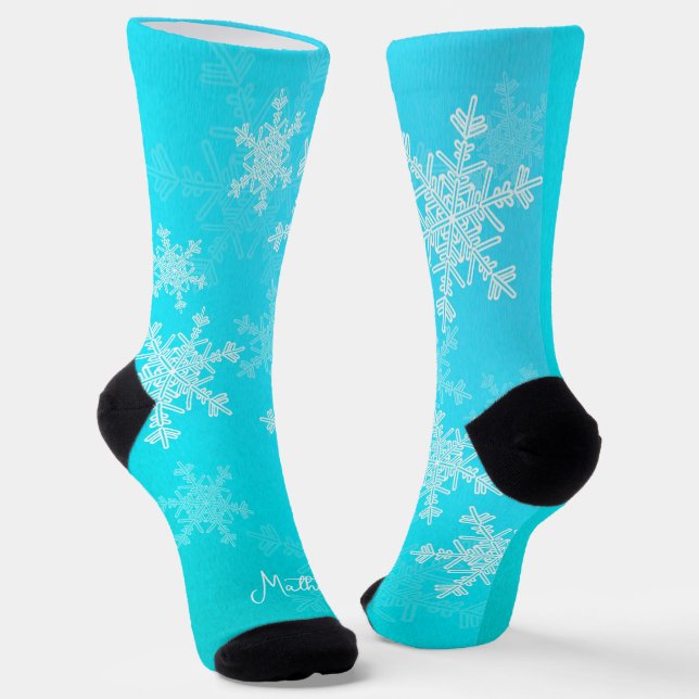 Blue White Snowflakes Minimalist Christmas Name Socks (Angled)