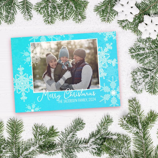 Blue White Snowflakes Minimalist Christmas Photo Holiday Card (Creator Uploaded)