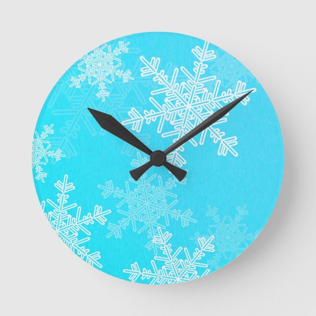 Blue White Snowflakes Minimalist Christmas Round Clock (Front)