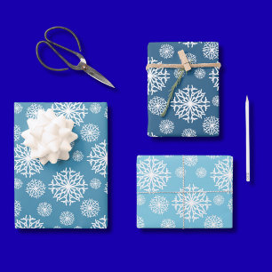 Blue White Snowflakes pattern 3 shades of blue Wrapping Paper Sheet