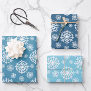 Blue White Snowflakes pattern 3 shades of blue Wrapping Paper Sheet