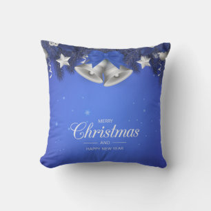 Blue & White Snowflakes Star Merry Christmas Bell Cushion