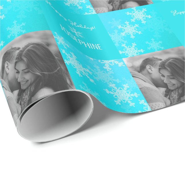 Blue White Snowlfake Minimalist Photo Christmas  Wrapping Paper (Roll Corner)