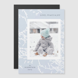 Blue & White Snowy Branches Holiday Photo Magnet