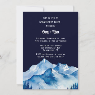 Blue White Snowy Mountains Engagement Party Invitation