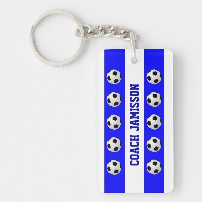 Blue & White, Soccer Ball, Coach, Player Name Key Ring (Front)