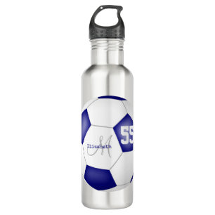 blue white soccer ball girl name jersey number 710 ml water bottle