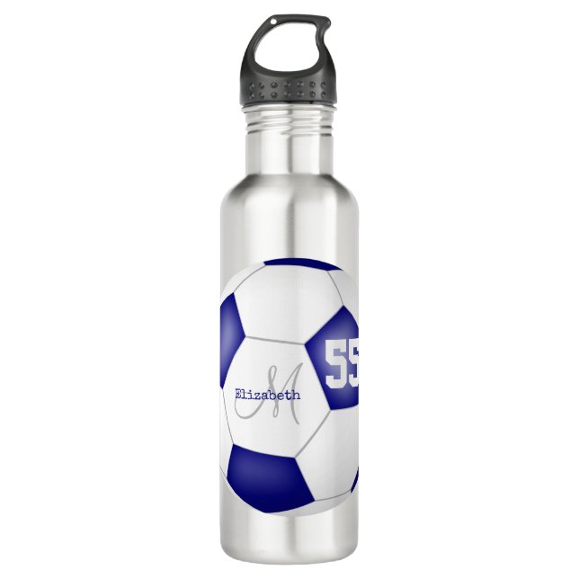 blue white soccer ball girl name jersey number 710 ml water bottle (Front)