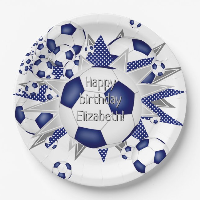 Blue white soccer balls stars birthday  paper plate (Front)