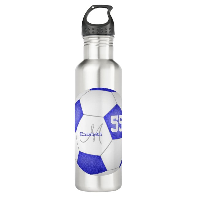 blue white soccer girl name jersey number 710 ml water bottle (Front)