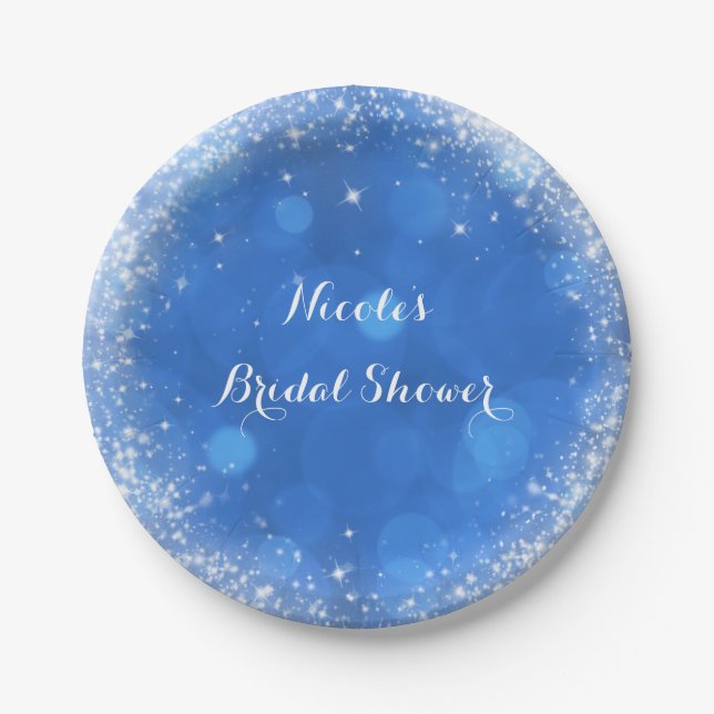 Blue & White Sparkle Cinderella Any Event Party Paper Plate (Front)